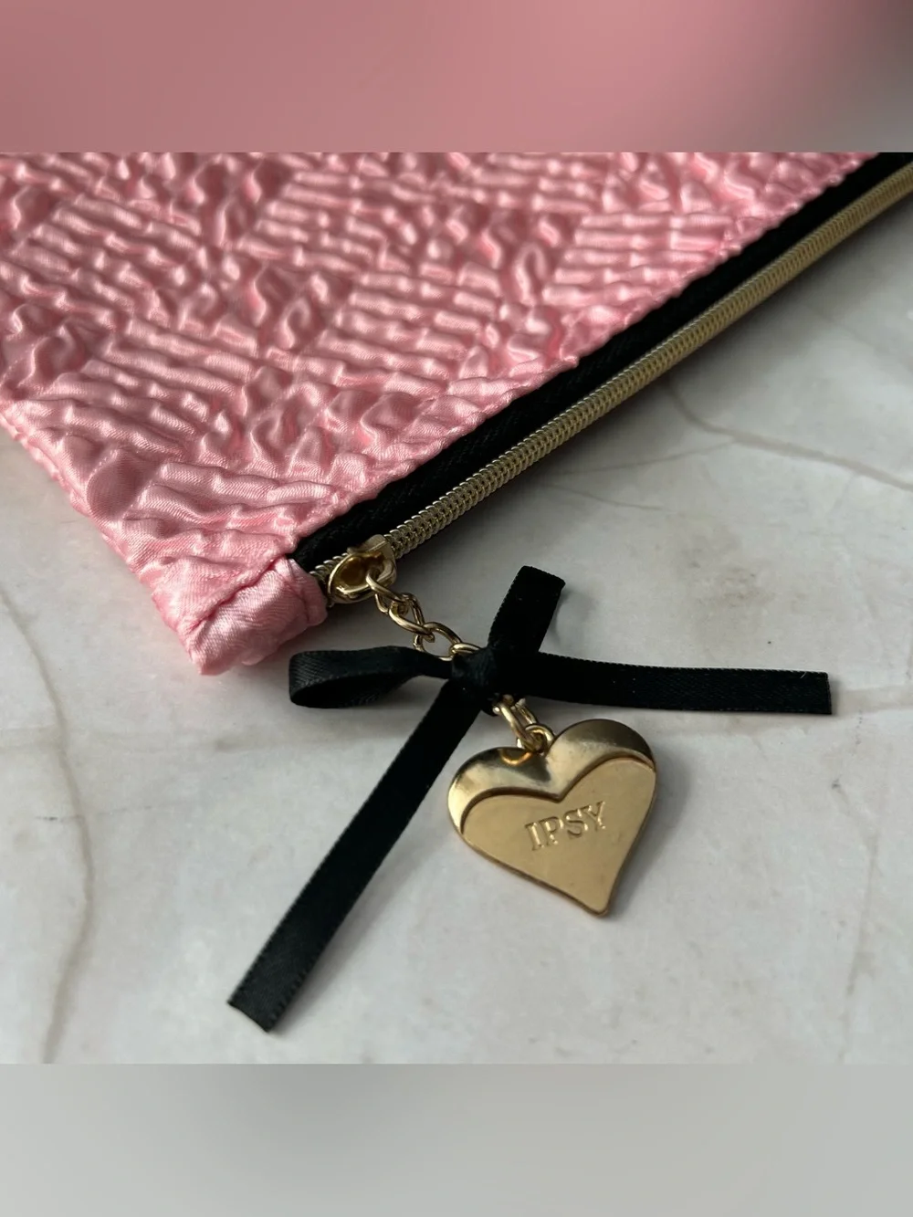 ipsy Pink Ruched Satin Zip Cosmetic Pouch with Gold Heart Charm